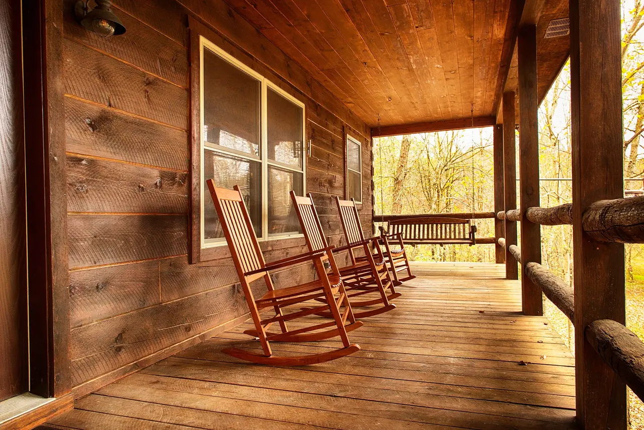 Front porch rockers in golden autumn light