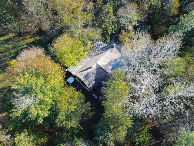 Drone view of the log cabin roof surrounded by changing fall trees