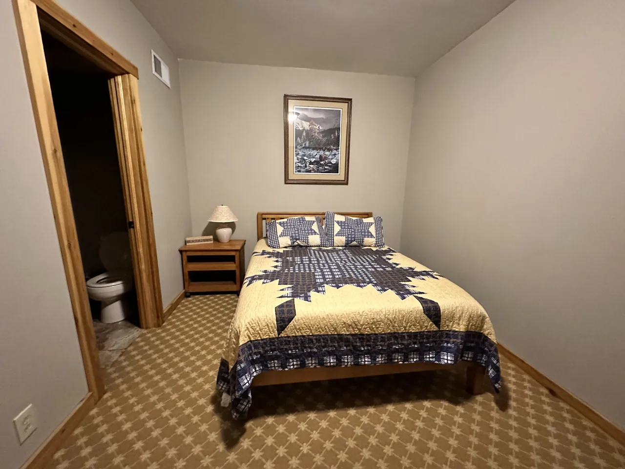 Lower-level bedroom with a queen bed and its own bathroom