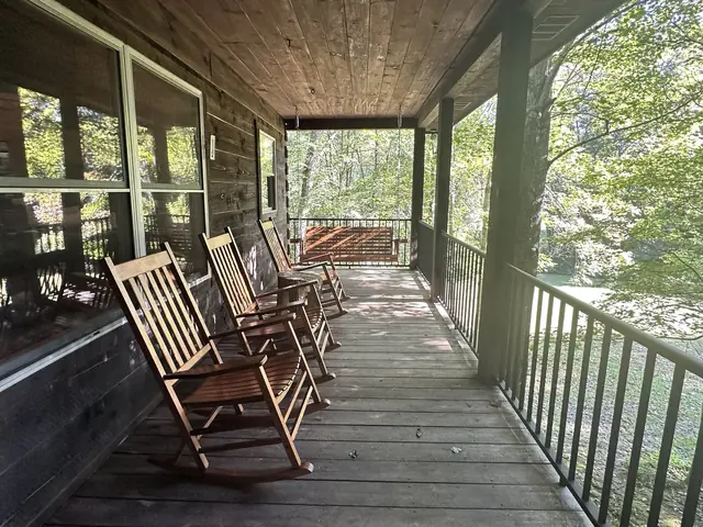 Rocking chairs and porch swing on the covered porch